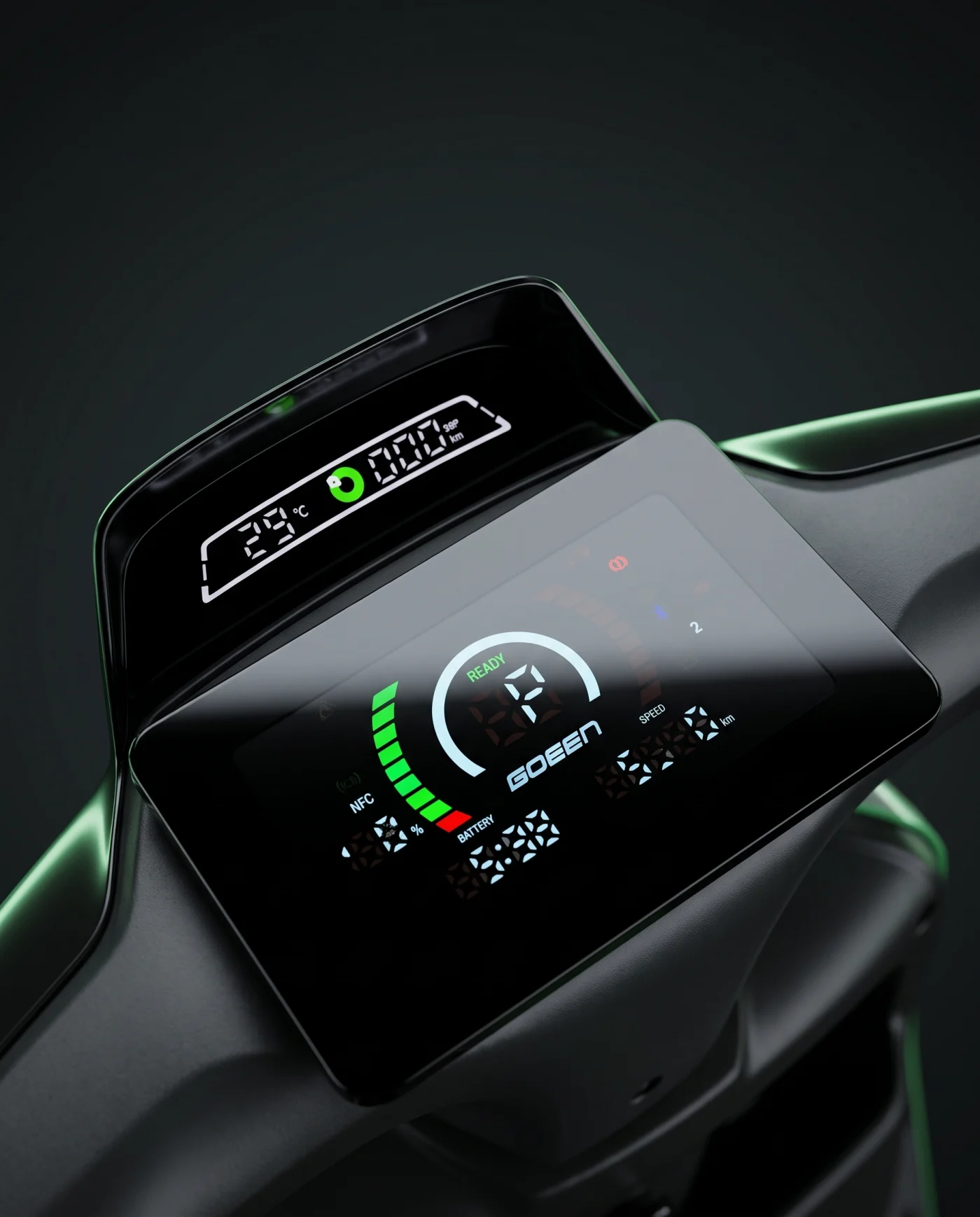 GOEEN digital instrument cluster showing the time