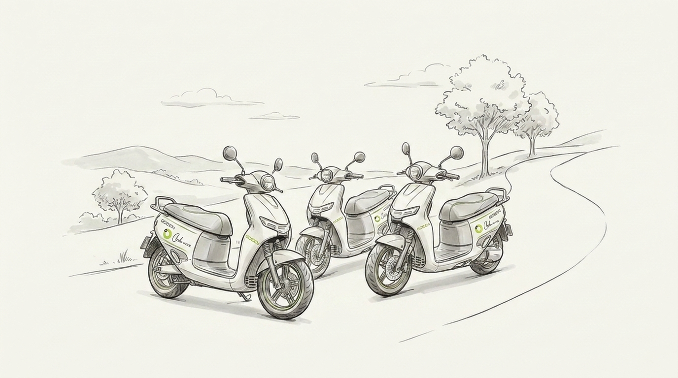 Hand-drawn illustration of the GOEEN scooter range on a hillside road
